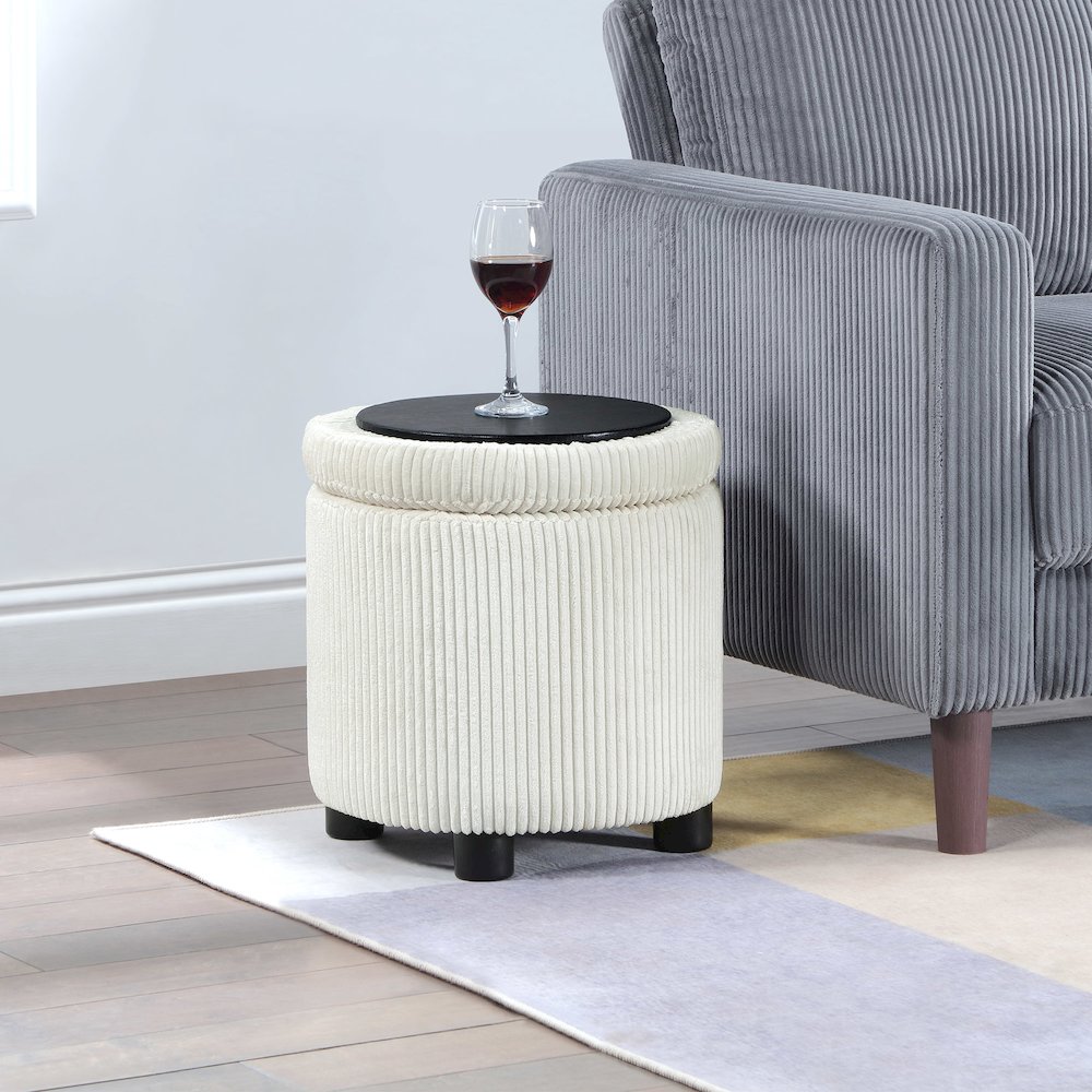 Designs4Comfort Round Corduroy Accent Storage Ottoman with Reversible Tray. Picture 2