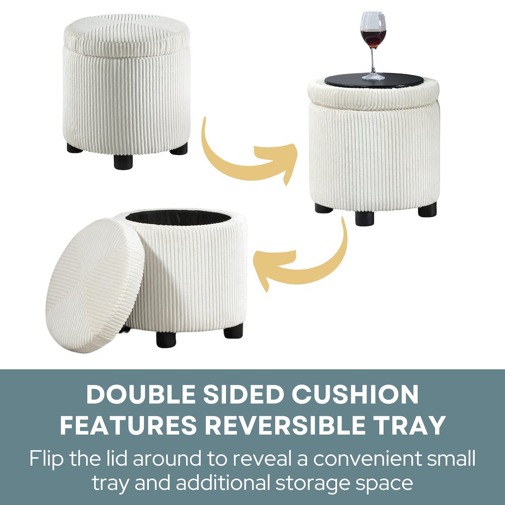 Designs4Comfort Round Corduroy Accent Storage Ottoman with Reversible Tray. Picture 4