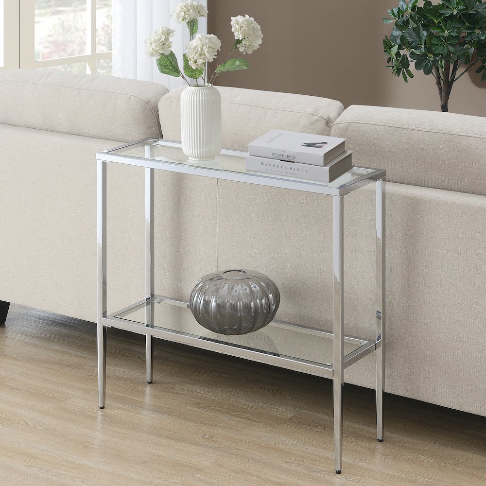 Nadia Glass Chrome Entryway Hall Table with Shelf. Picture 2
