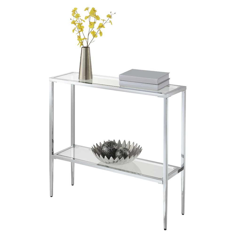 Nadia Glass Chrome Entryway Hall Table with Shelf. Picture 3