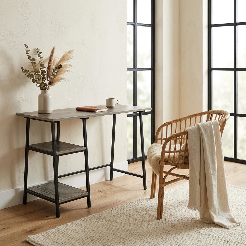 Modern Trestle Desk With Removable Shelves In Metal And Wood. Picture 3