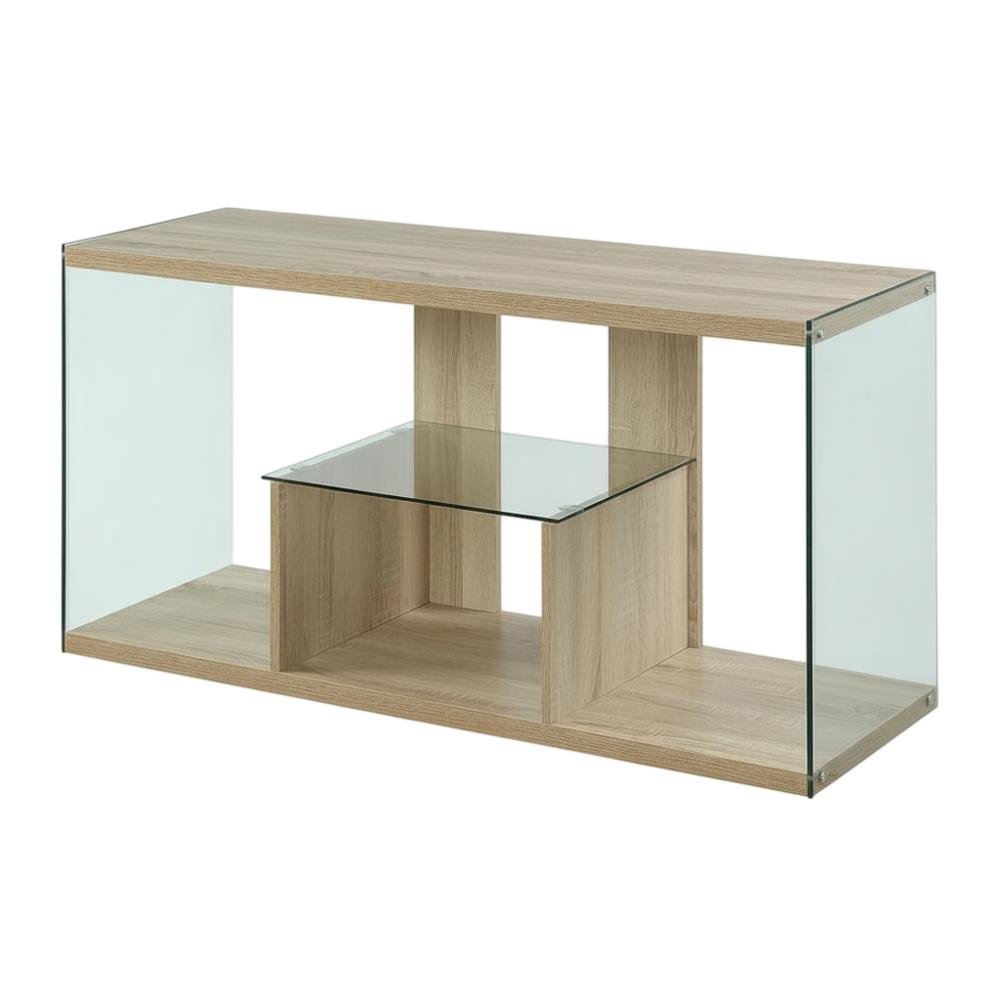 Weathered White TV Stand with Tempered Glass and Particle Board Surface. Picture 1
