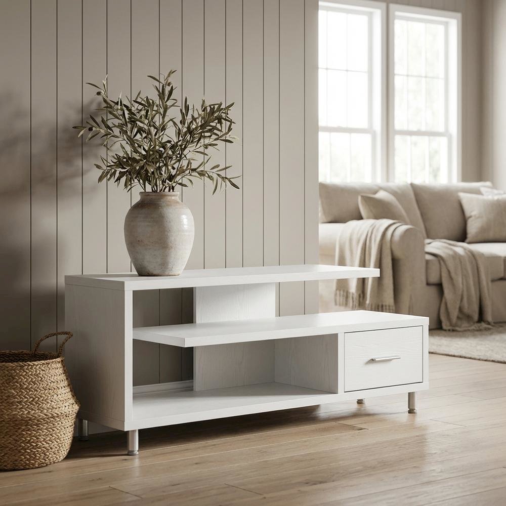 White 1-Drawer TV Stand with Shelves for TVs Up to 65 Inches, Contemporary Style. Picture 2
