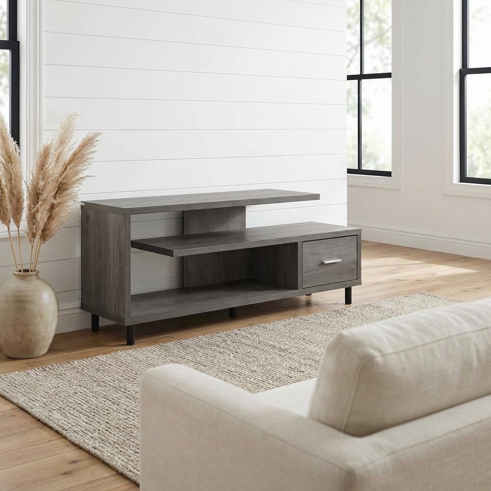 Gray TV stand with 1 drawer and shelves for 65-inch TVs, modern style. Picture 2