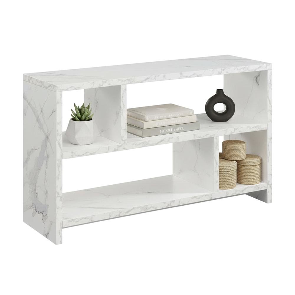 White Faux Marble TV Stand Console with Shelves and Hollow Core Material. Picture 4