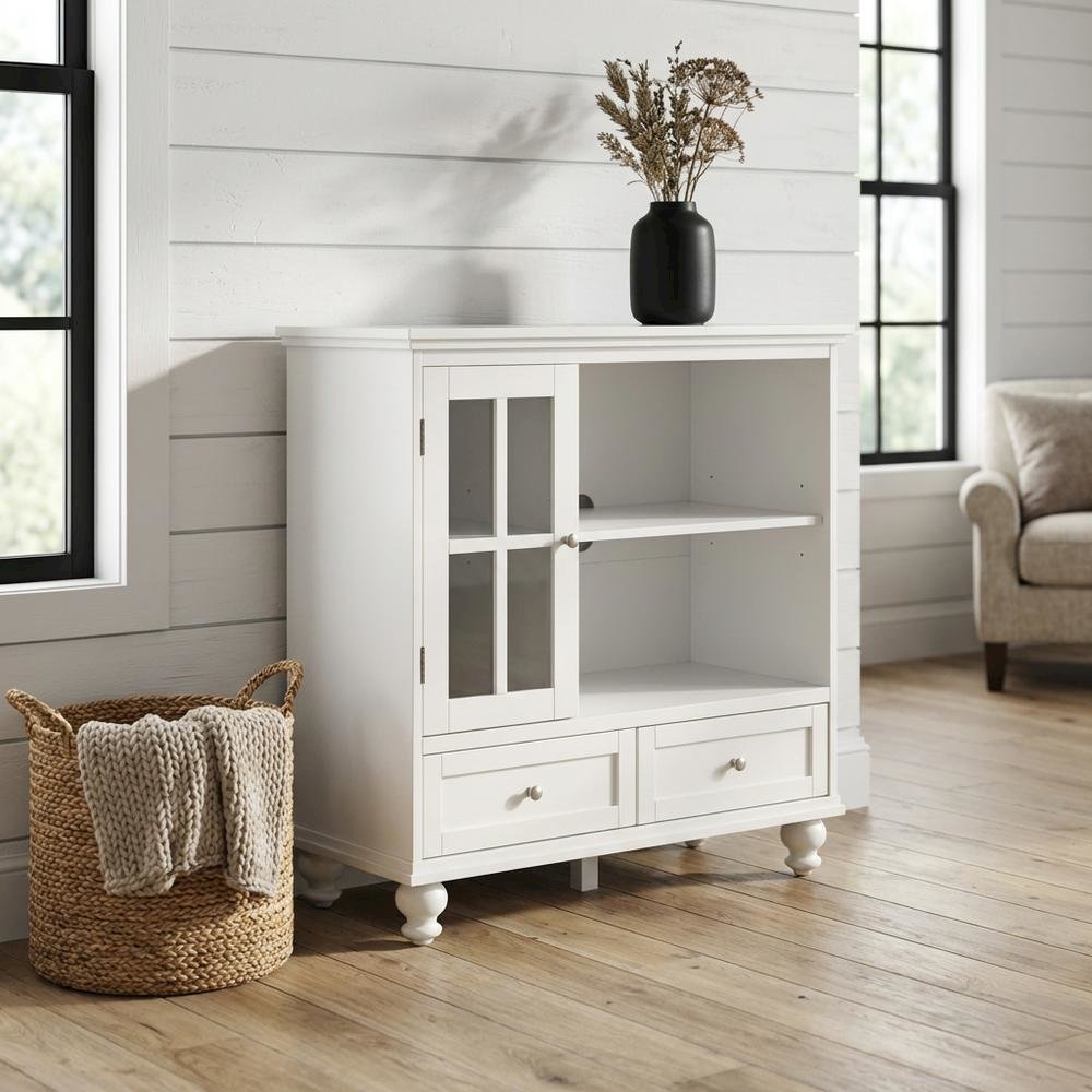 White Solid Wood Pine TV Stand with Ash Veneer and Tempered Glass accents. Picture 2