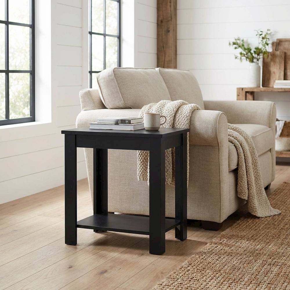 Slim Chairside Table, Black, Bottom Shelf, Quick Setup. Picture 2