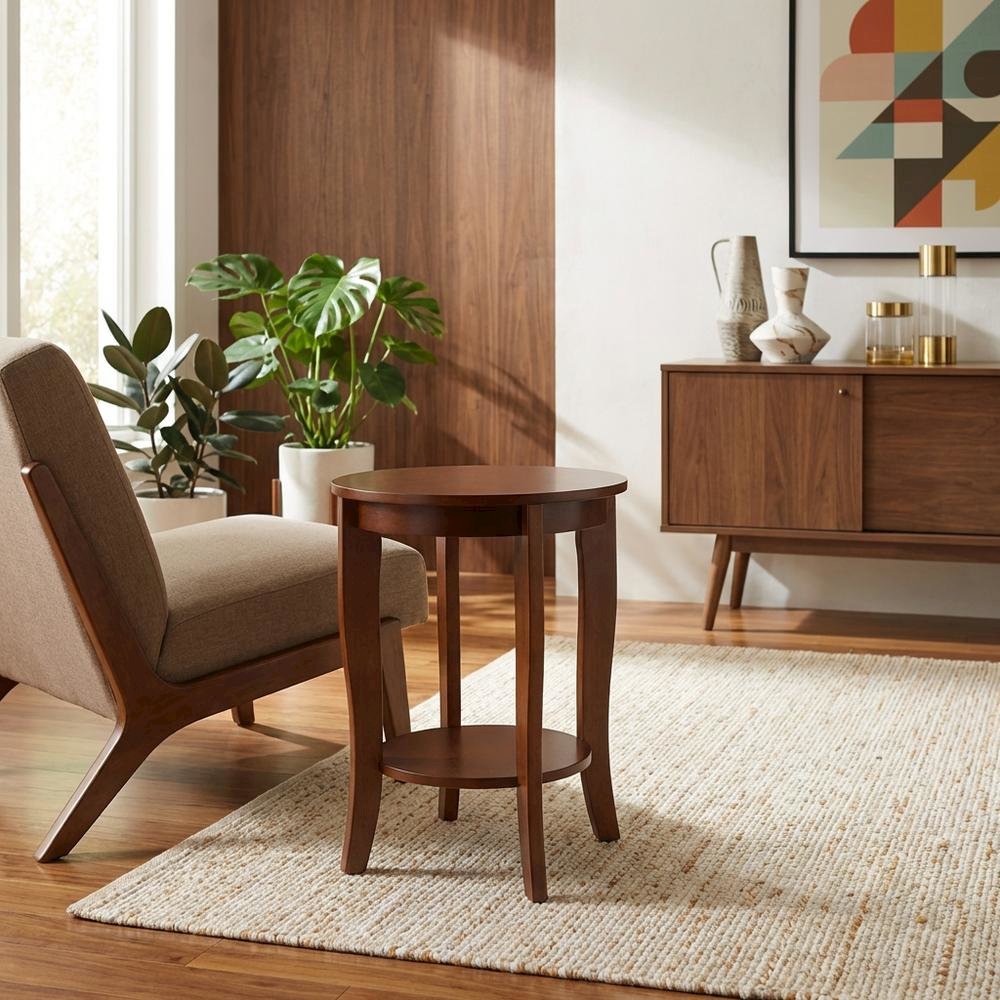Mahogany Round End Table with Shelf for Classic and Transitional Styles. Picture 2
