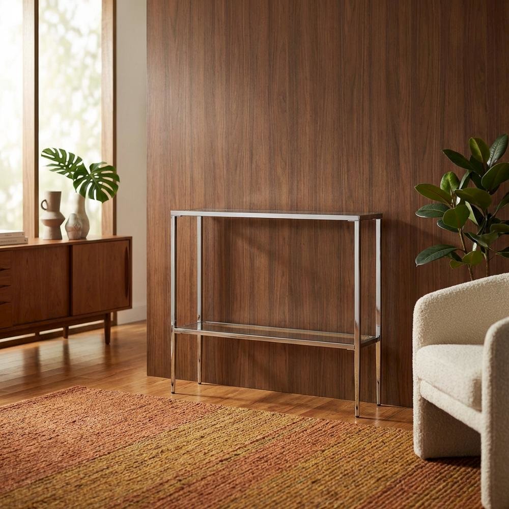 Gray Glass Chrome Hall Table with Lower Shelf, Slim Metal Frame, Modern. Picture 3
