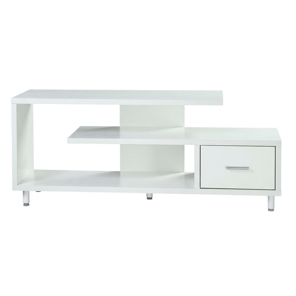 White 1-Drawer TV Stand with Shelves for TVs Up to 65 Inches, Contemporary Style. Picture 4