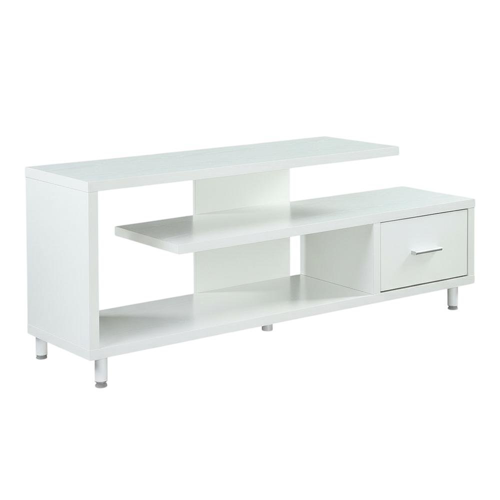 White 1-Drawer TV Stand with Shelves for TVs Up to 65 Inches, Contemporary Style. Picture 1