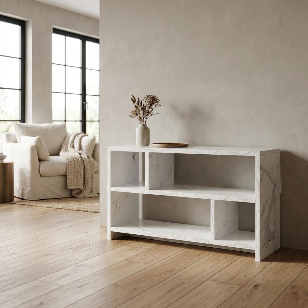 White Faux Marble TV Stand Console with Shelves and Hollow Core Material. Picture 3
