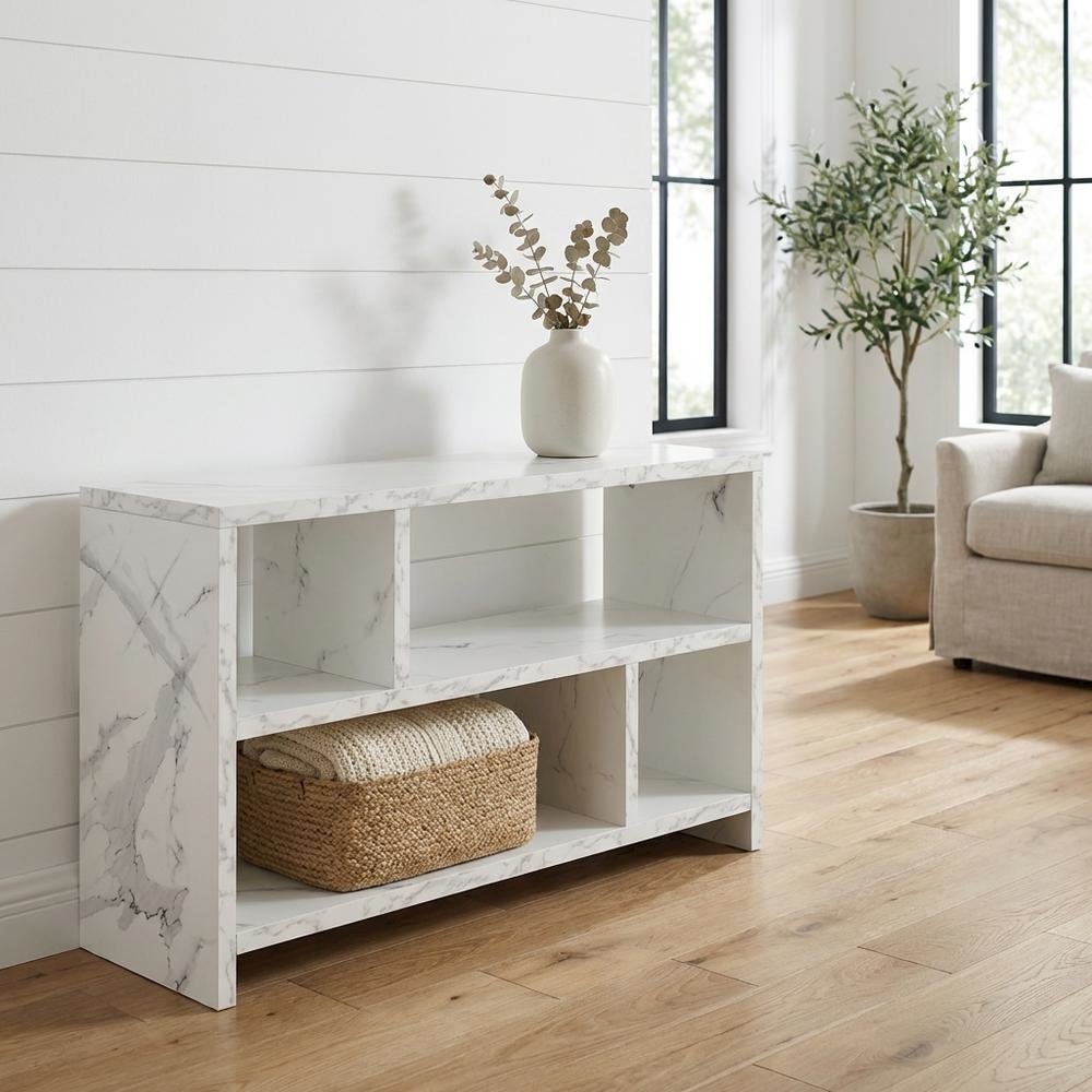 White Faux Marble TV Stand Console with Shelves and Hollow Core Material. Picture 2