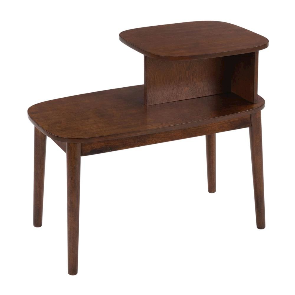 Mid-Century End Table, Brown, 2 Tier Shelf, Solid Wood Legs. Picture 1