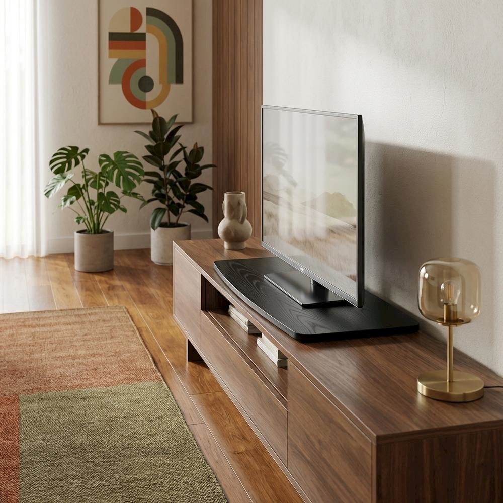 Black TV Stand, Swivel Riser, 37-Inch Screens, Particle Board Construction. Picture 2