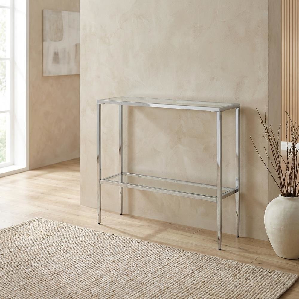 Gray Glass Chrome Hall Table with Lower Shelf, Slim Metal Frame, Modern. Picture 2