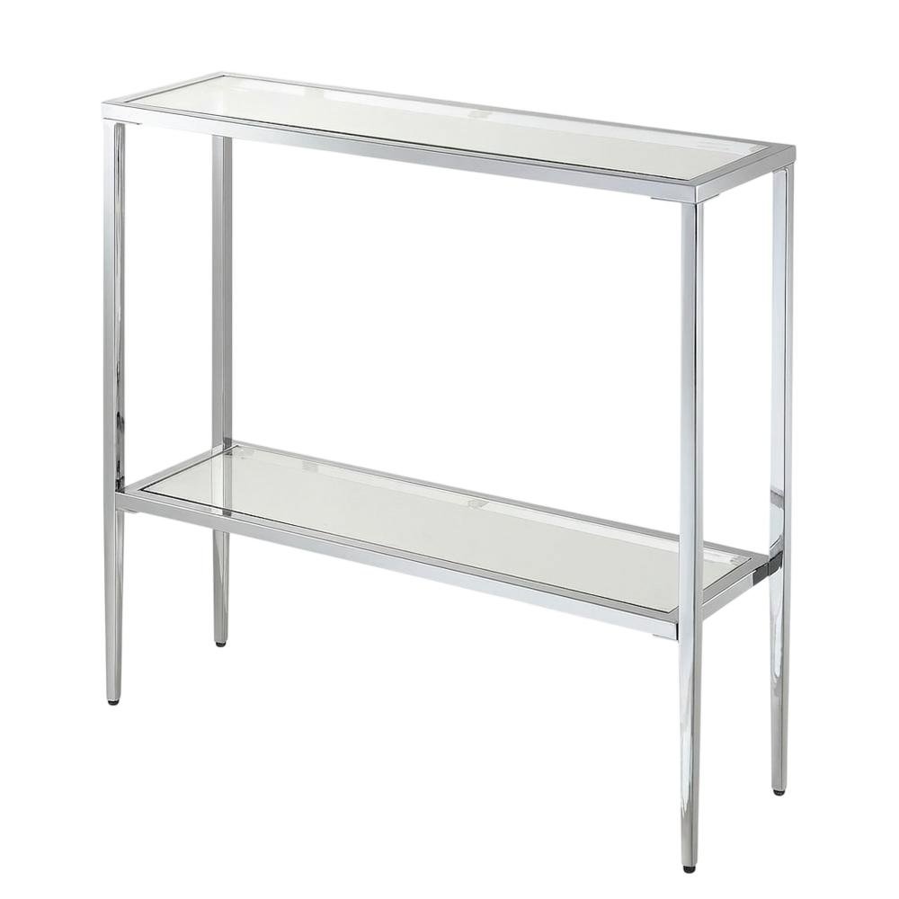 Gray Glass Chrome Hall Table with Lower Shelf, Slim Metal Frame, Modern. Picture 1