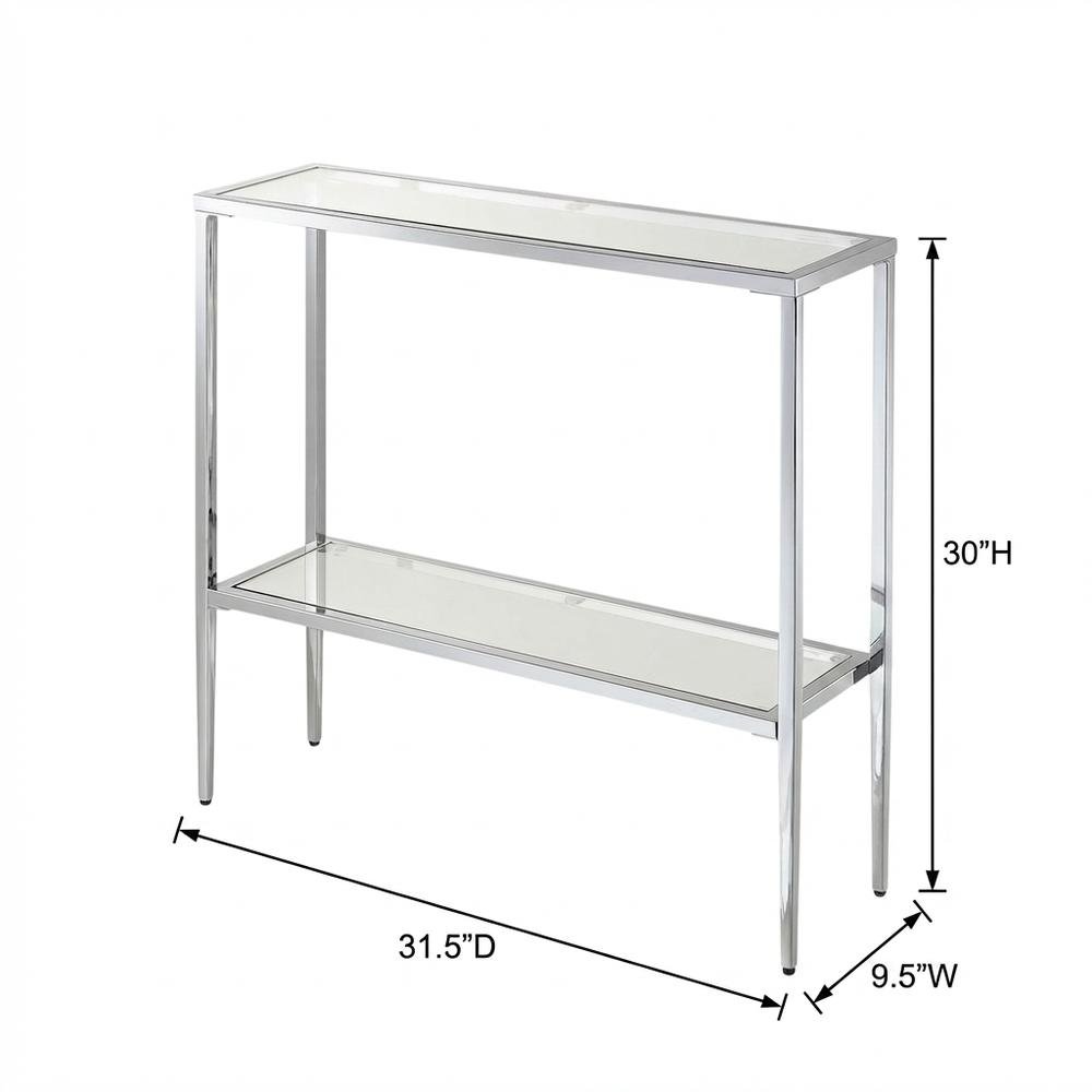 Gray Glass Chrome Hall Table with Lower Shelf, Slim Metal Frame, Modern. Picture 7