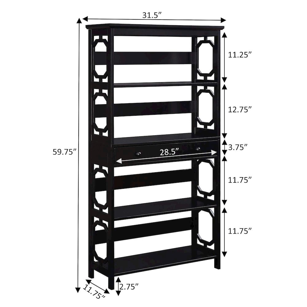 Omega 5 Tier Bookcase with Drawer, Black. Picture 5