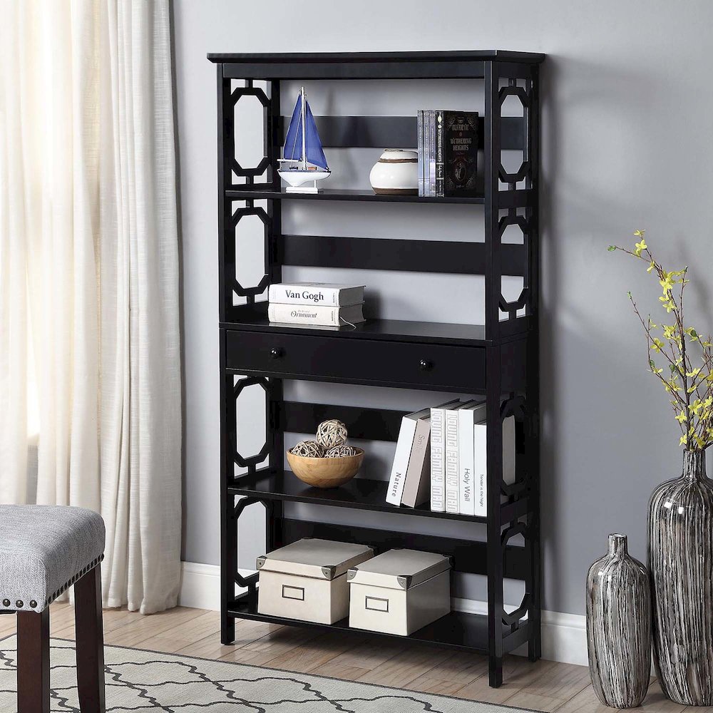 Omega 5 Tier Bookcase with Drawer, Black. Picture 2