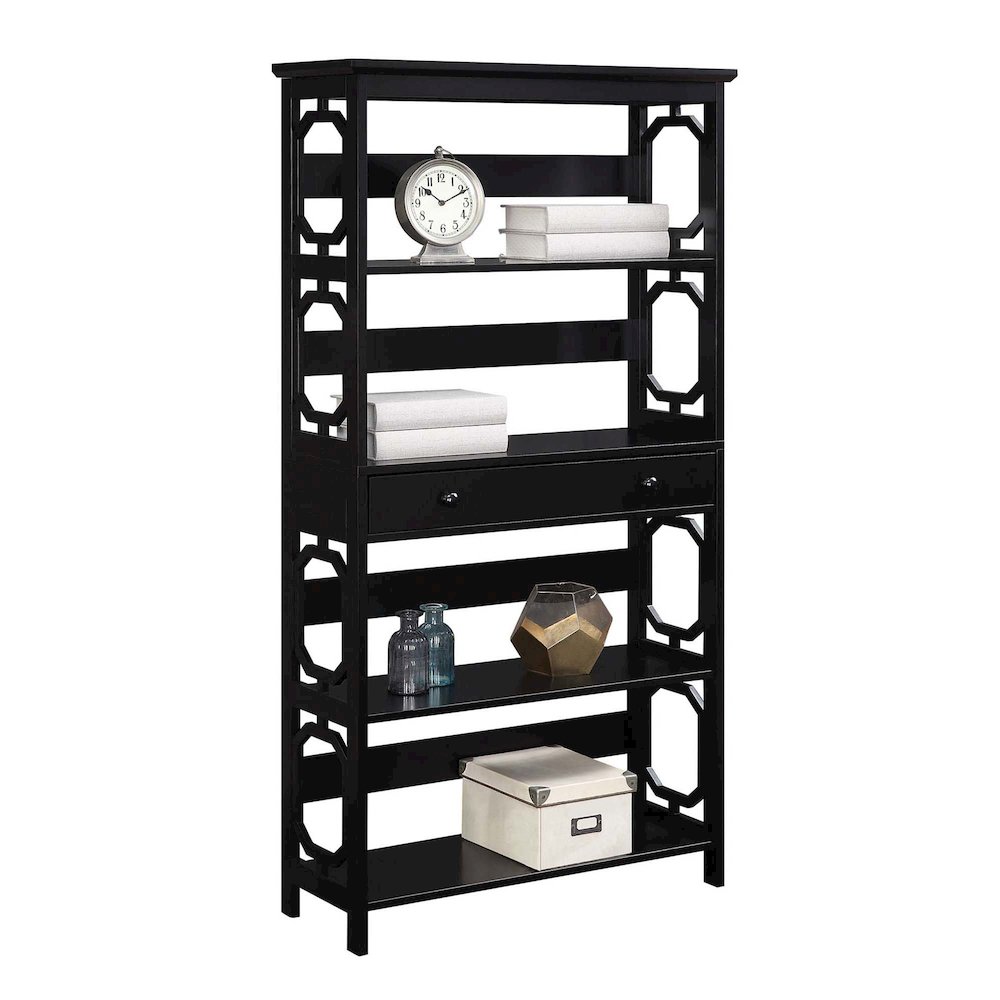 Omega 5 Tier Bookcase with Drawer, Black. Picture 3