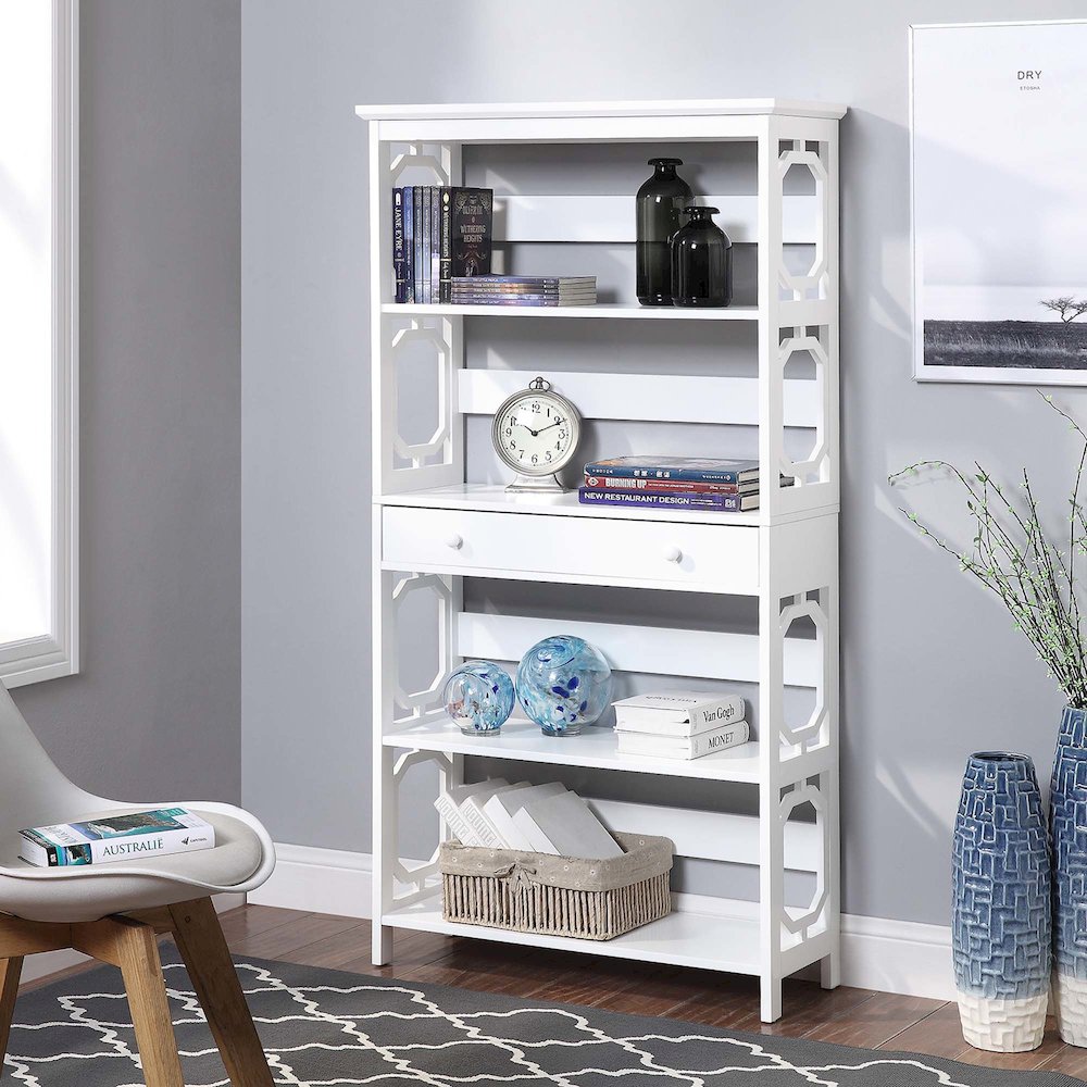 Omega 5 Tier Bookcase with Drawer, White. Picture 2
