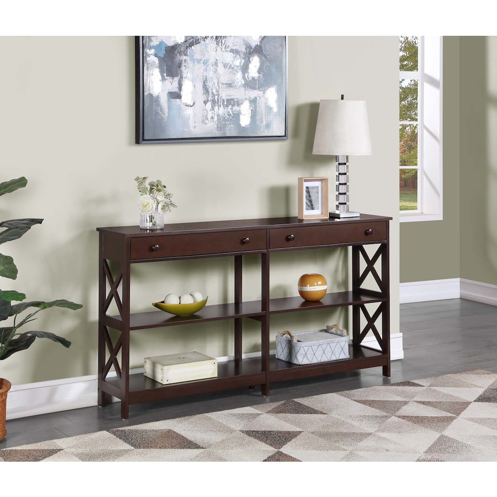 Oxford 2 Drawer 60 inch Console Table with Shelves. Picture 2