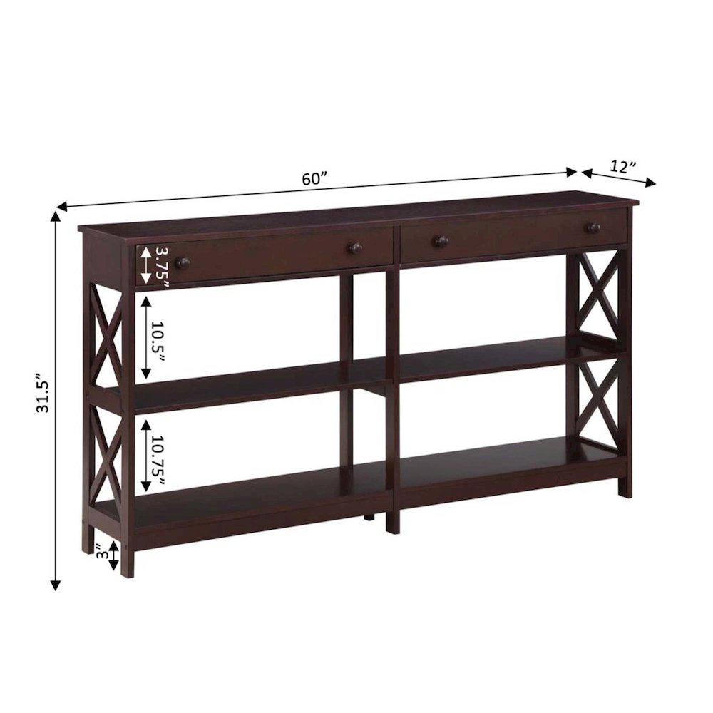 Oxford 2 Drawer 60 inch Console Table with Shelves. Picture 5