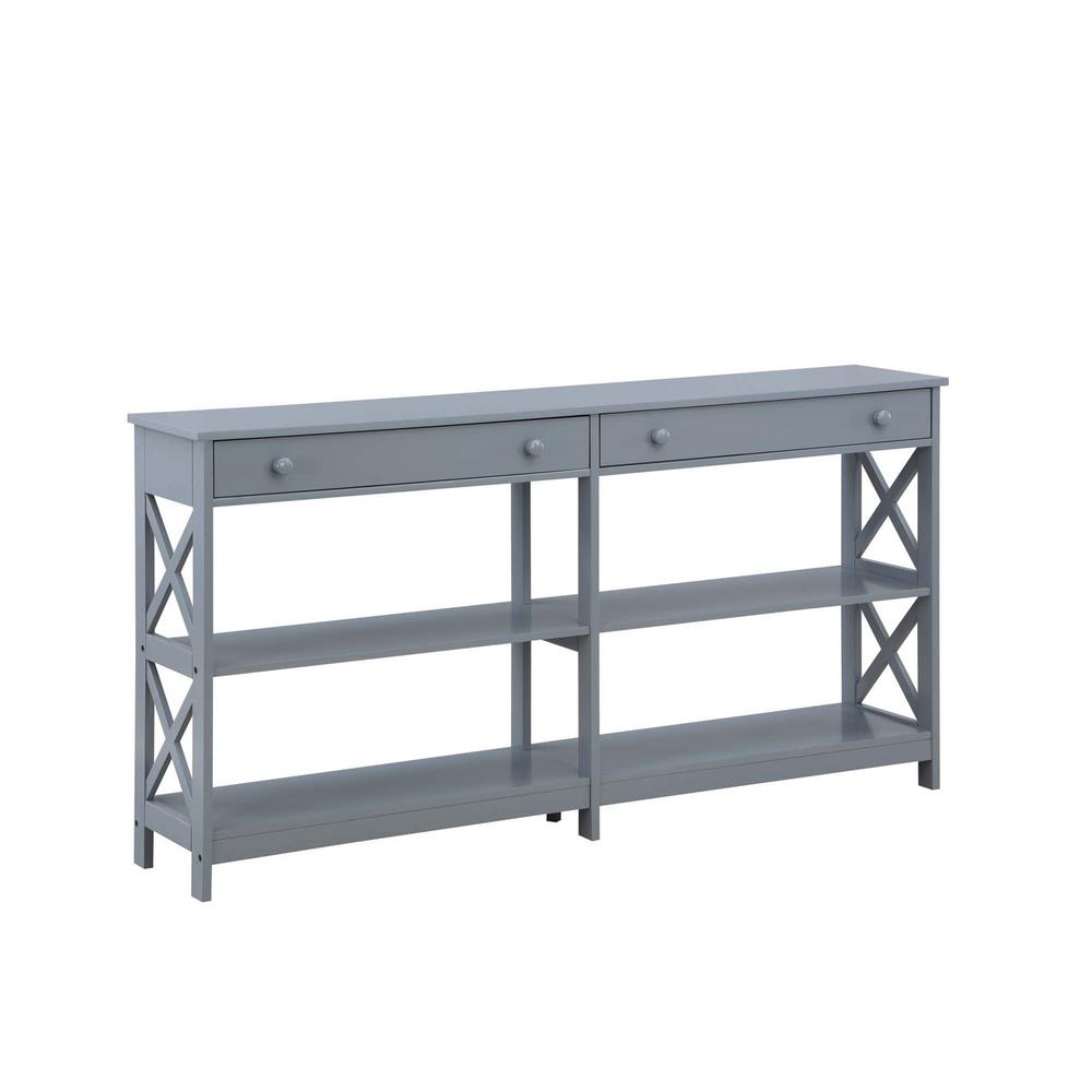 Oxford 2 Drawer 60 inch Console Table with Shelves, Gray. Picture 1