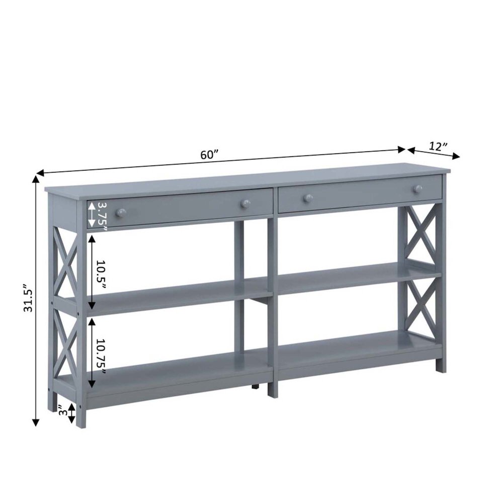 Oxford 2 Drawer 60 inch Console Table with Shelves, Gray. Picture 6