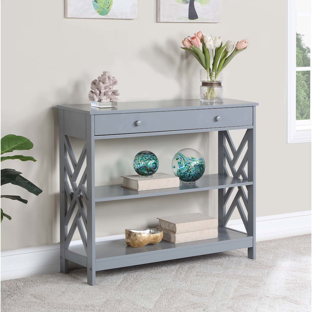 Titan 1 Drawer Console Table with Shelves, Gray. Picture 2