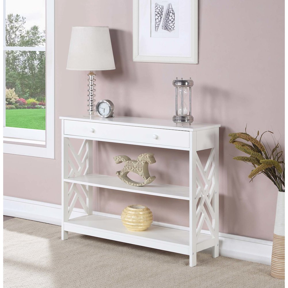 Titan 1 Drawer Console Table with Shelves, White. Picture 2