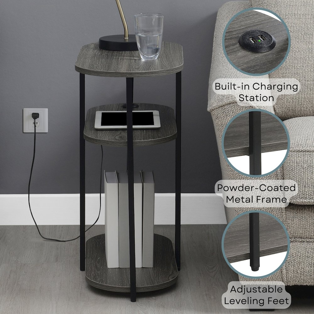 Designs2Go Simon 3 Tier Oval Chairside End Table with USB Ports. Picture 3