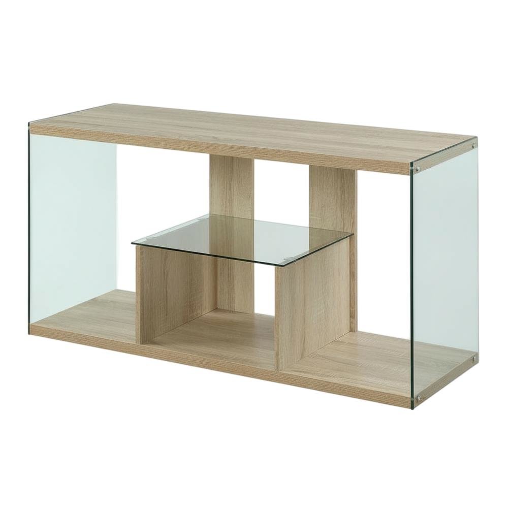 Weathered White TV Stand with Tempered Glass and Particle Board Surface. Picture 4