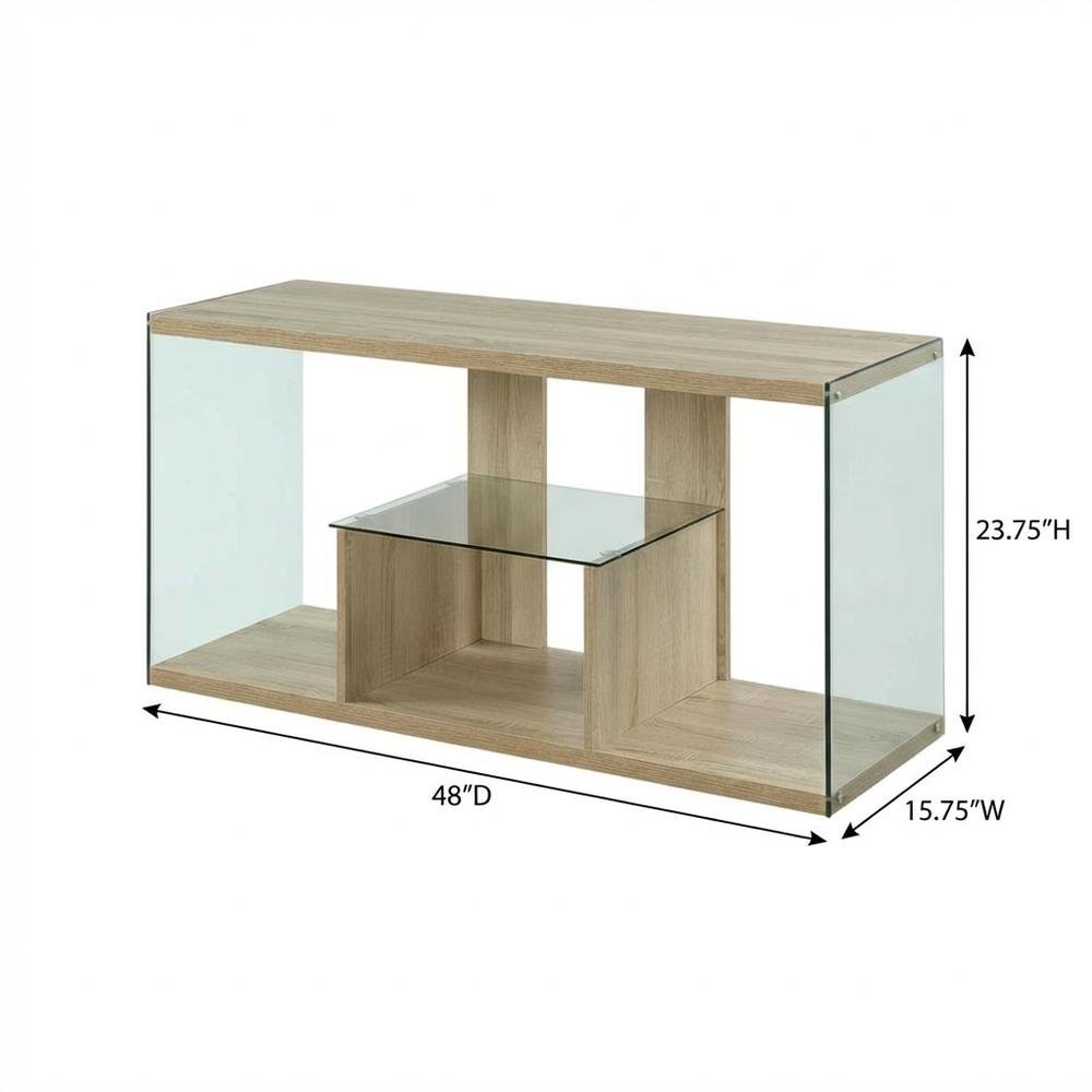 Weathered White TV Stand with Tempered Glass and Particle Board Surface. Picture 7