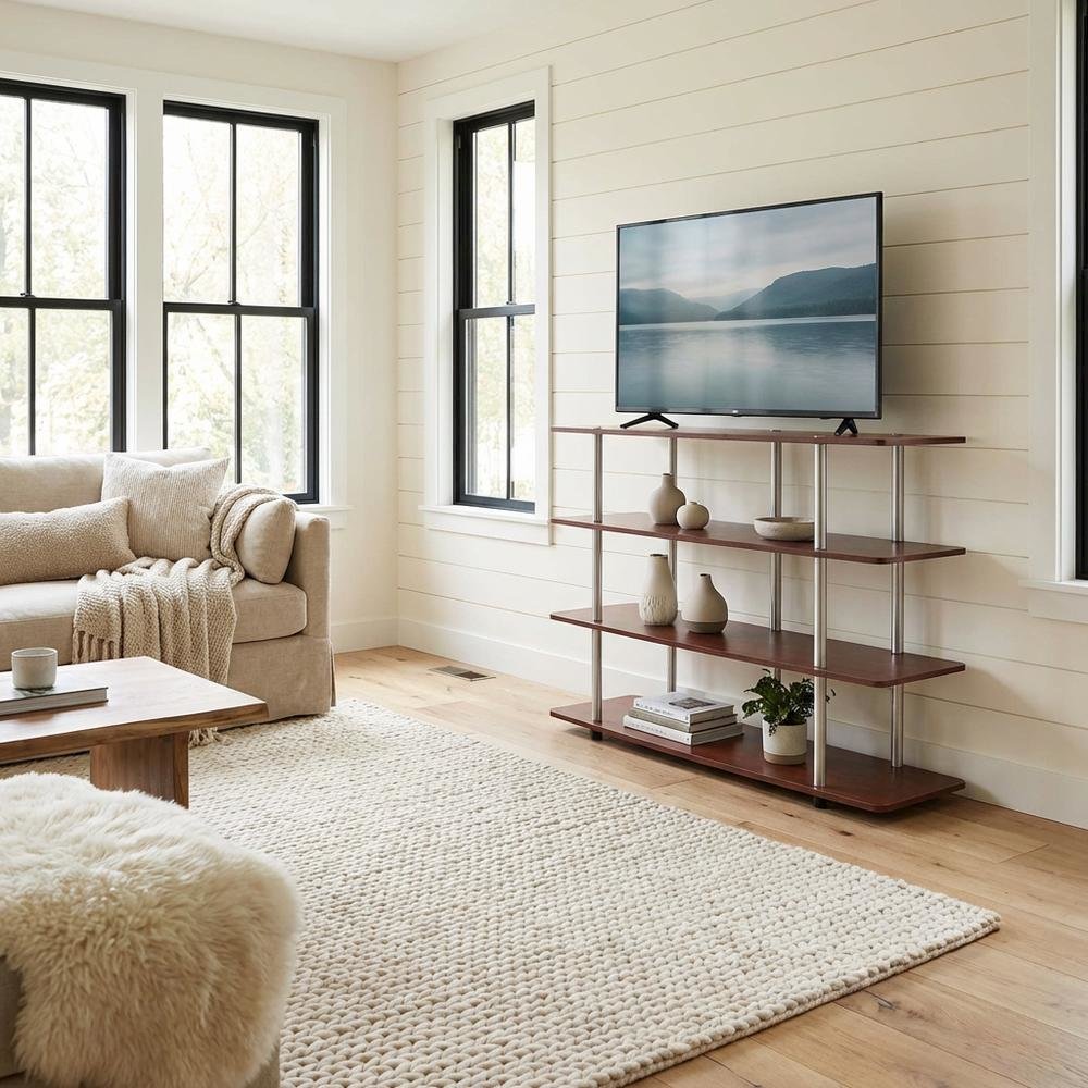 Cherry TV stand with no tools, 4-tier design, for TVs up to 55 inches. Picture 3