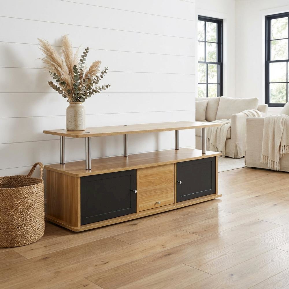 Modern Brown TV Stand with 3 Storage Cabinets and Shelf for 55-Inch TVs. Picture 2