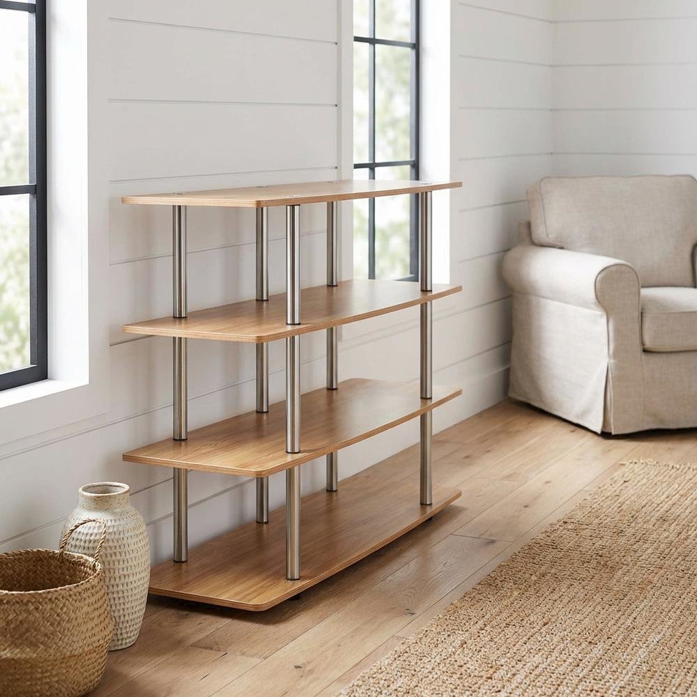 Light Oak No Tools XL Highboy TV Stand for TVs up to 55 Inches with Metal Poles. Picture 2