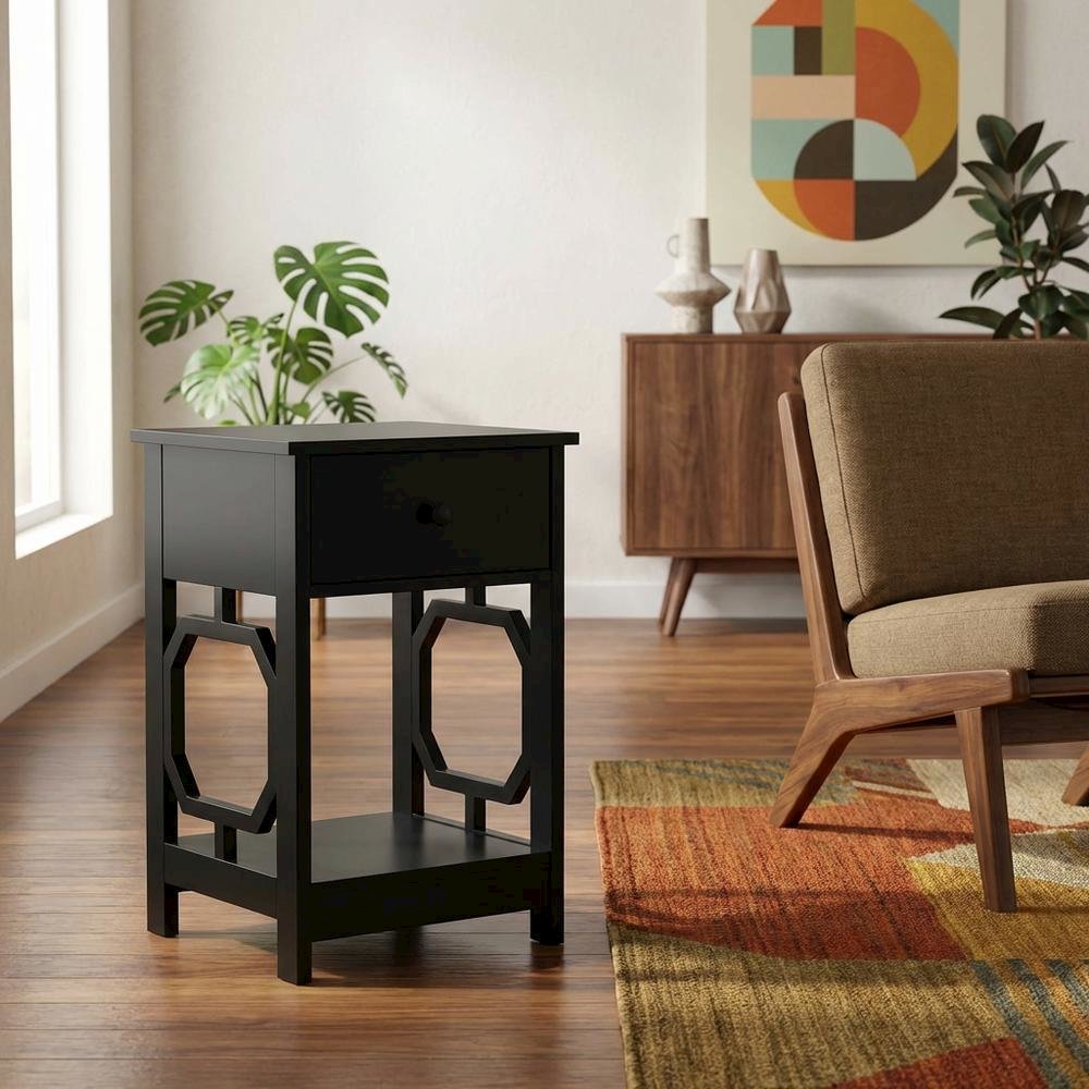Black end table with single drawer for versatile living space use. Picture 3