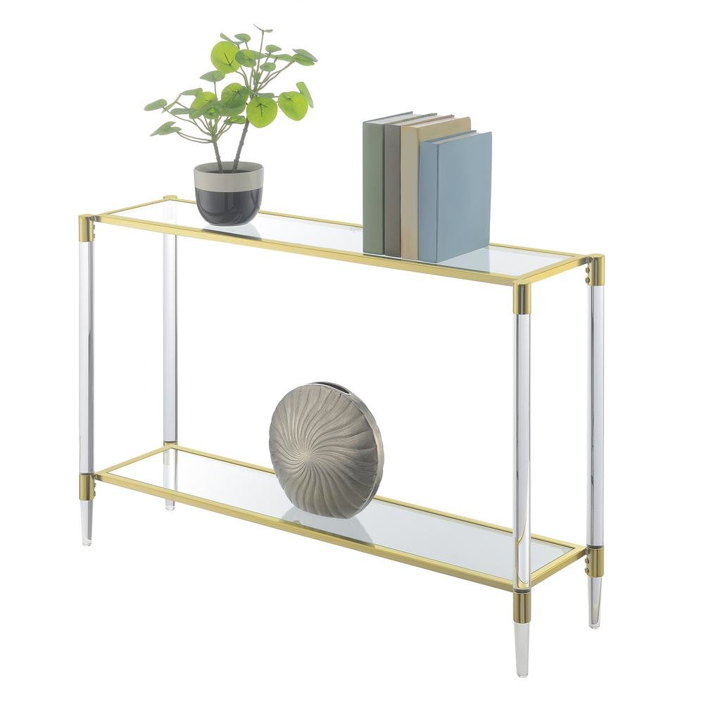 Console Table with 2 Glass Tiers, Acrylic Legs, Contemporary Style in Gold. Picture 5
