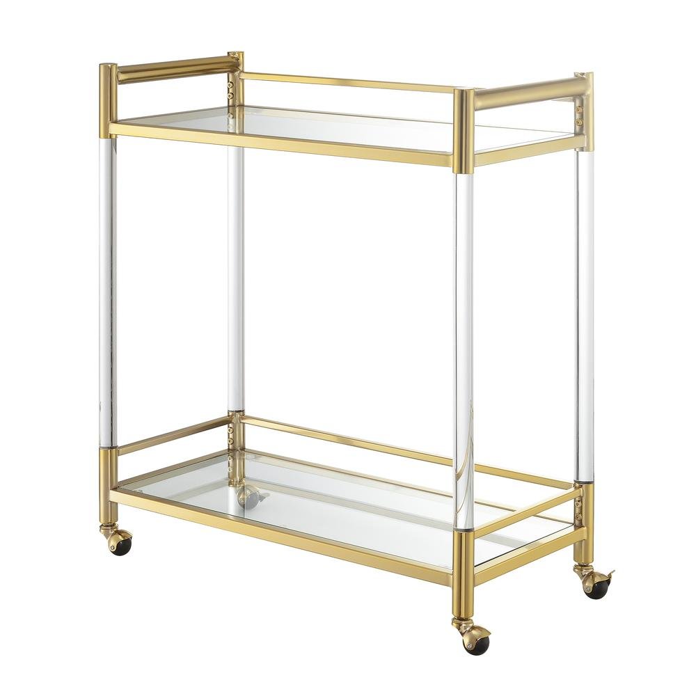 Bar Cart with 2 Tiers of Glass, Acrylic Legs, Locking Casters in Gold Chrome. Picture 1