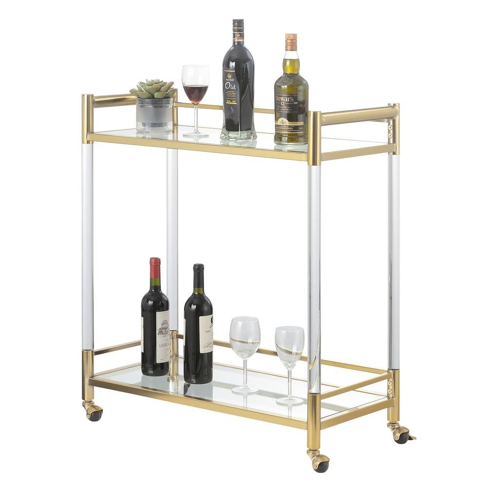 Bar Cart with 2 Tiers of Glass, Acrylic Legs, Locking Casters in Gold Chrome. Picture 5