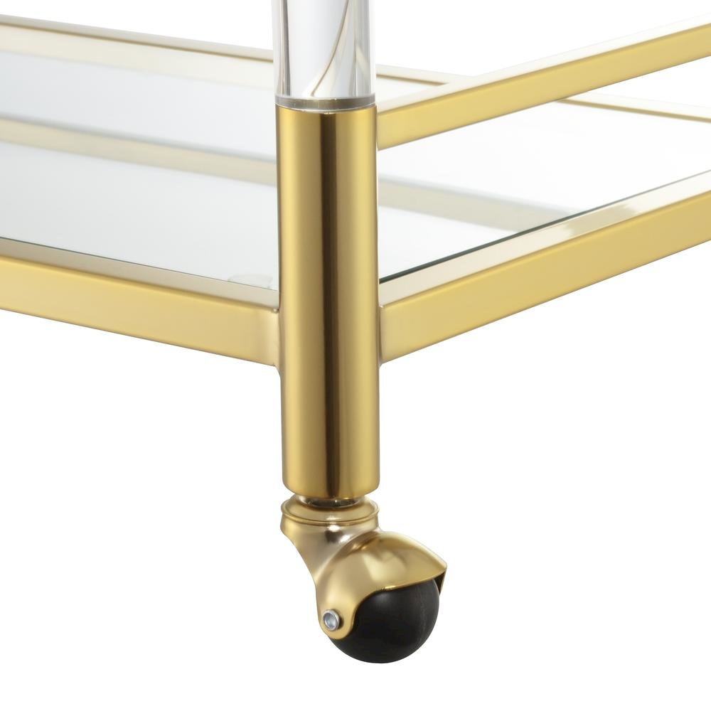 Bar Cart with 2 Tiers of Glass, Acrylic Legs, Locking Casters in Gold Chrome. Picture 6
