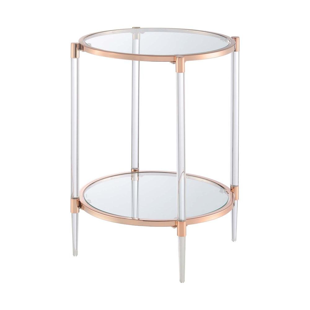 End Table with 2 Glass Tiers, Acrylic Legs, Contemporary Style in Rose Gold. Picture 1