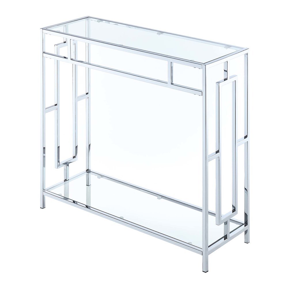 Glass Entry Table, Chrome, Display Shelf, Modern, Easy Setup. Picture 1