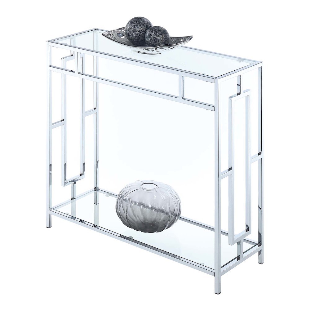 Glass Entry Table, Chrome, Display Shelf, Modern, Easy Setup. Picture 4