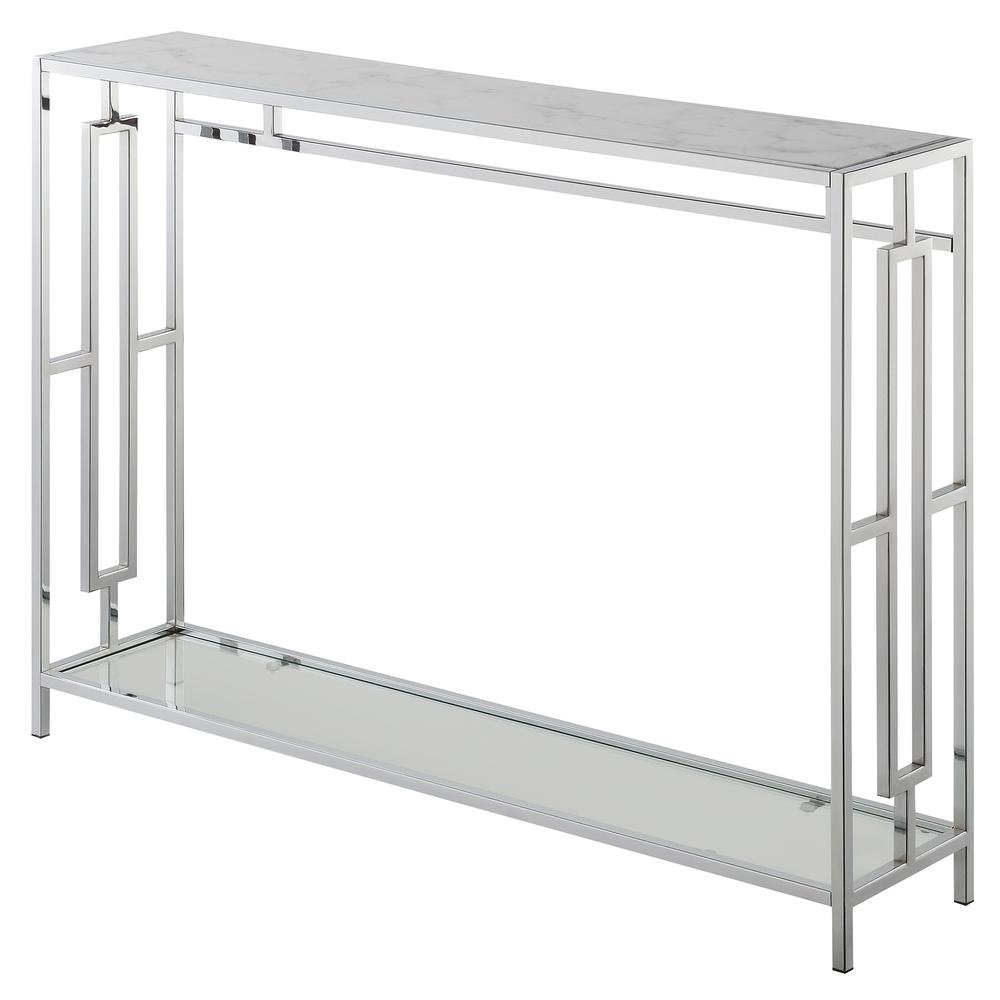 Console Table, Faux Marble, Chrome, Two Tier Shelf, Glam. Picture 1
