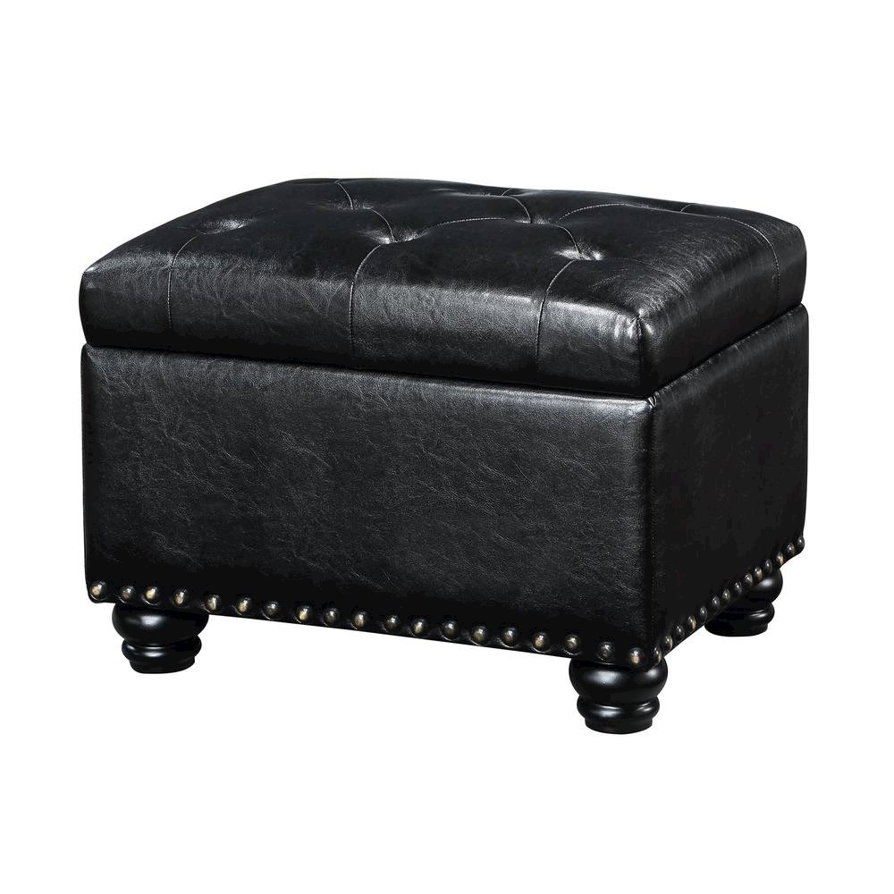 Storage Bench Ottoman Footrest in Black Faux Leather, Button Tufted. Picture 5
