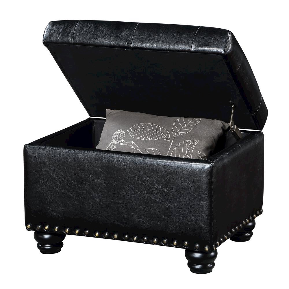 Storage Bench Ottoman Footrest in Black Faux Leather, Button Tufted. Picture 1