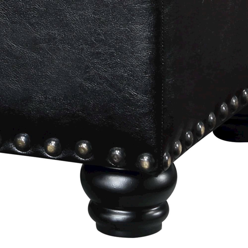 Storage Bench Ottoman Footrest in Black Faux Leather, Button Tufted. Picture 6